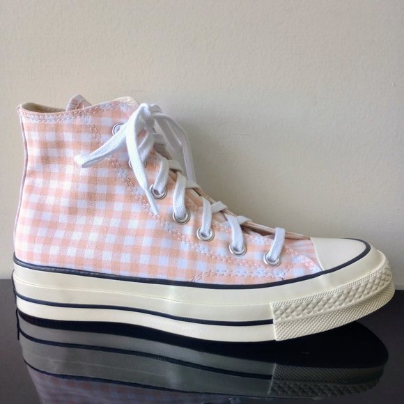 Converse Women's Chuck 70 Hi Gingham Sneaker in Lovely Cheeky Coral/White/Egret - Picture 1 of 12